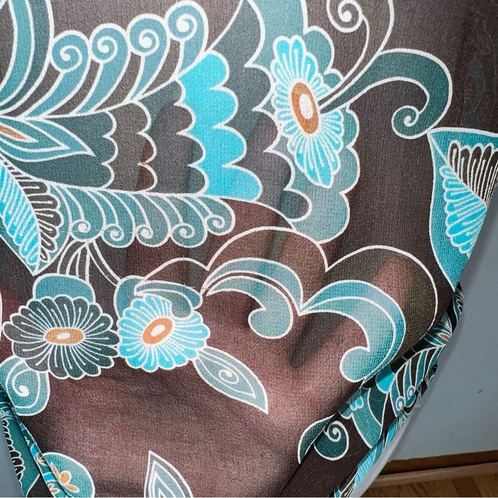 Trina Turk 100% Silk Blouse Black Teal Floral Sheer Long Sleeve Ruffle Size P - Picture 5 of 11